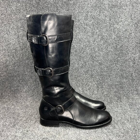 Born Umbra Boots Womens Size 9 Black Leather Tall High Buckle Belted Moto Combat - Picture 1 of 16